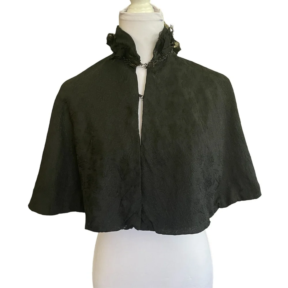 Victorian Edwardian Black Brocade Cape Feather Beaded